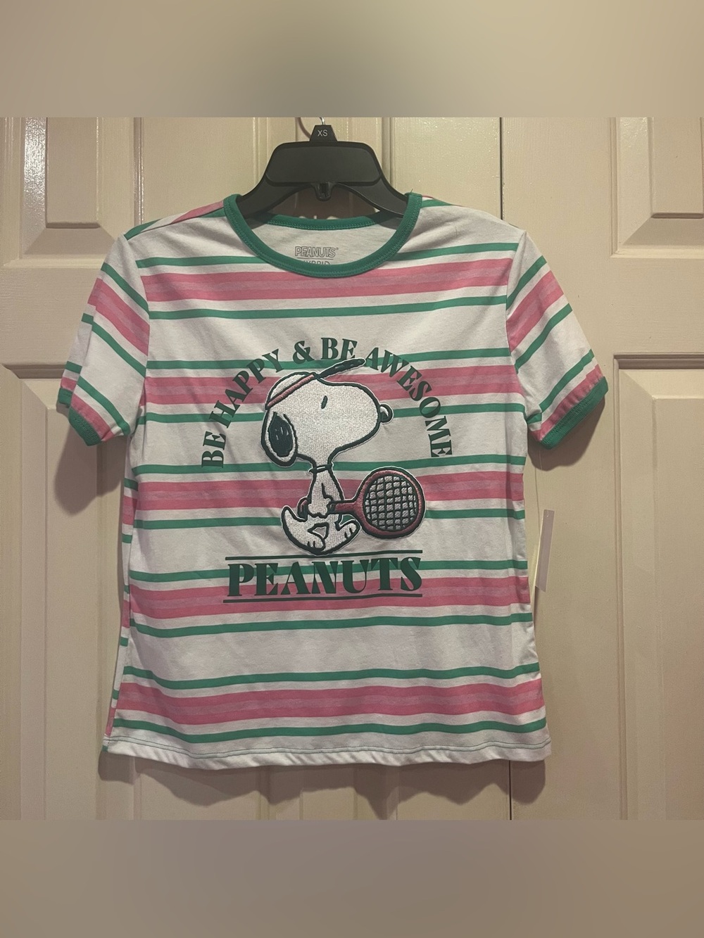 Peanuts Snoopy Striped Tennis T-Shirt Size XS Be Happy Be Awesome